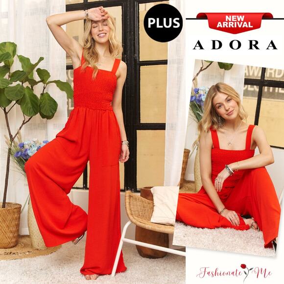 ADORA Smocking Detail Square Neck Sleeveless Pockets Wide Leg Jumpsuit | Red - Picture 1 of 5